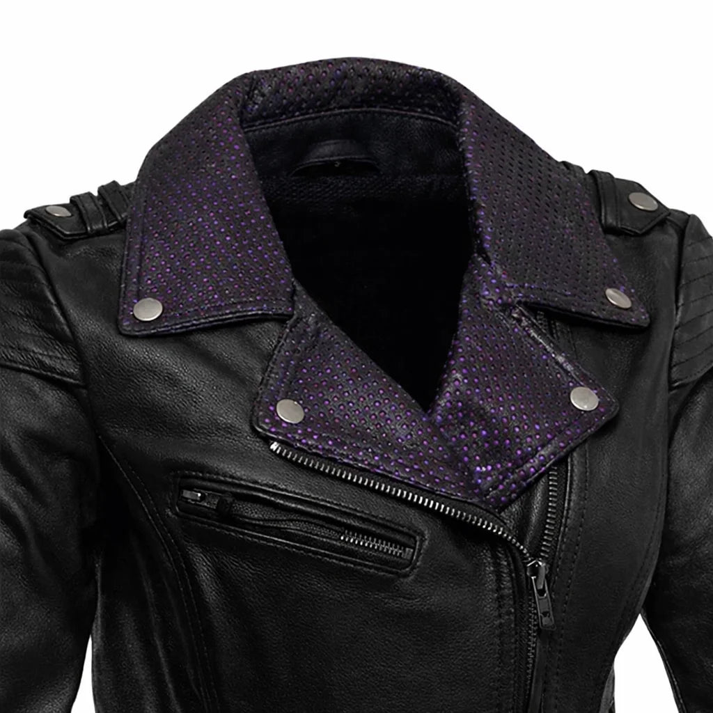 Black leather jacket with purple collar | LuxRyder