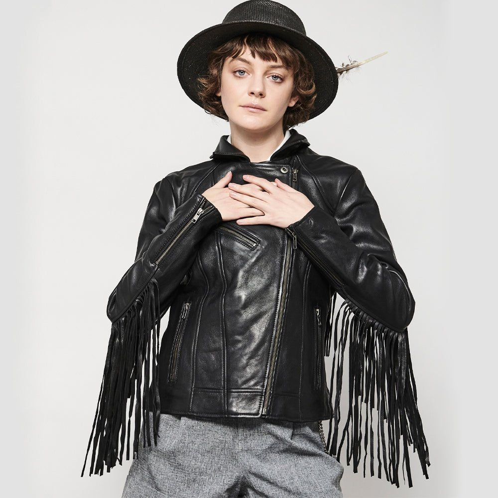 Women’s Leather Motorcycle Jacket with Fringe and All-Season Wear - Lux Ryder