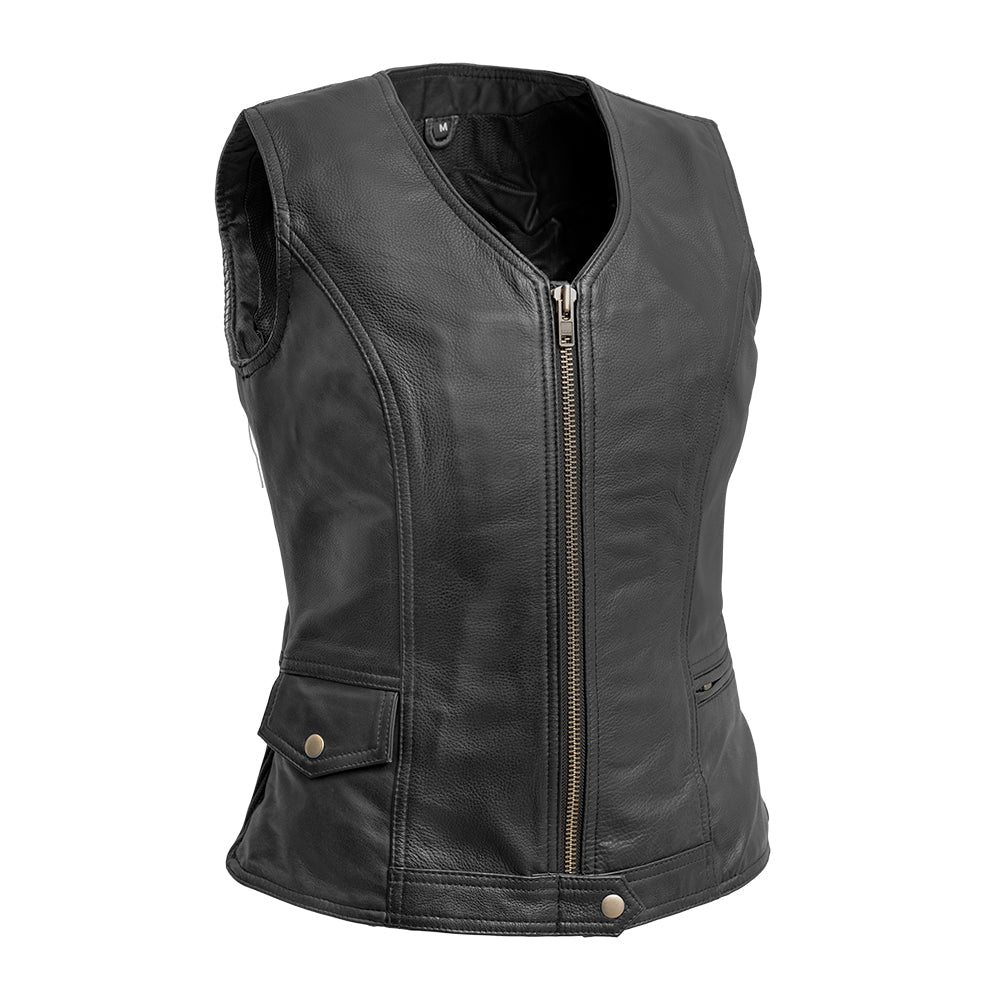 Women Leather Motorcycle Vest – Simple V-Neck Riding Vest - Lux Ryder