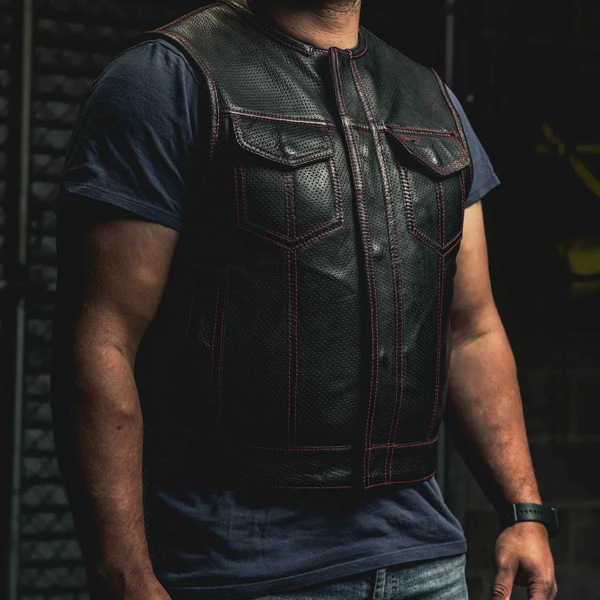 Lowside Men's Perforated Motorcycle Leather Vest - Lux Ryder