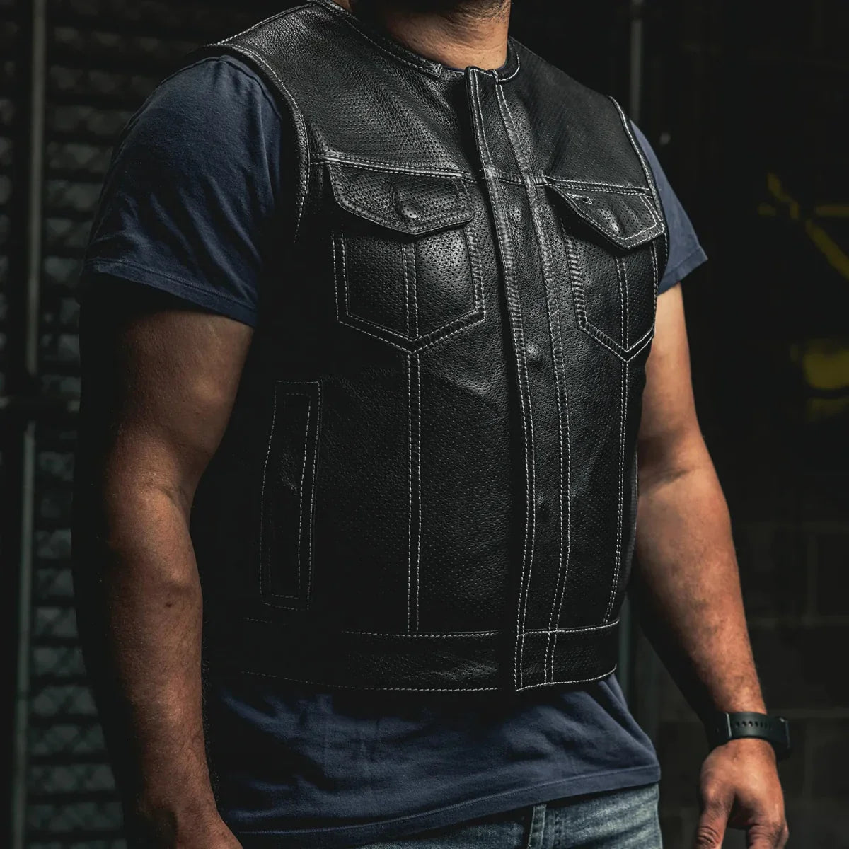 Lowside Men's Perforated Motorcycle Leather Vest - Lux Ryder
