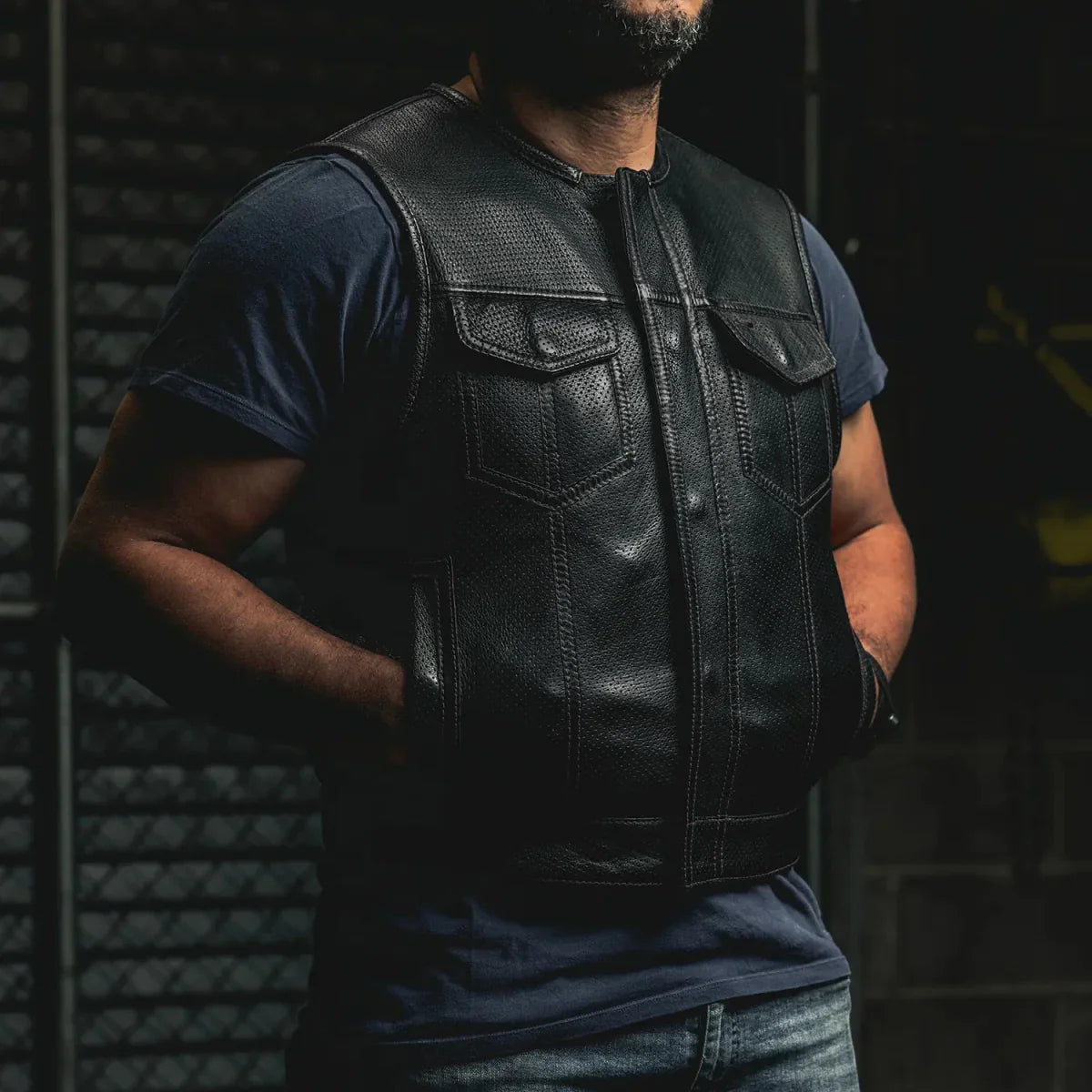 Lowside Men's Perforated Motorcycle Leather Vest - Lux Ryder