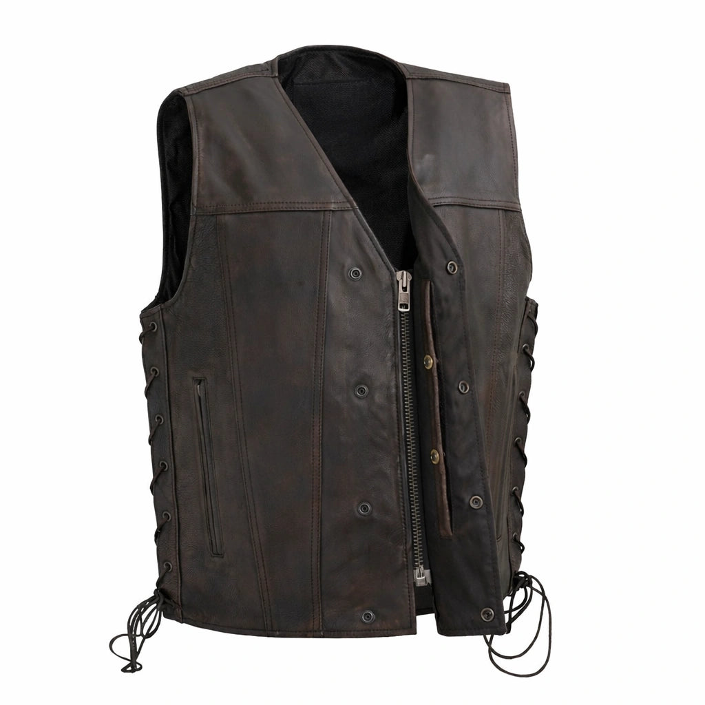 High Roller Men's Motorcycle Leather Vest - Lux Ryder