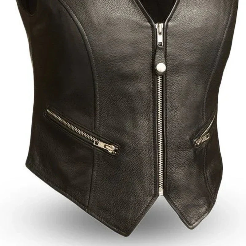 Women Leather Motorcycle Vest – Simple Western Riding Style - Lux Ryder