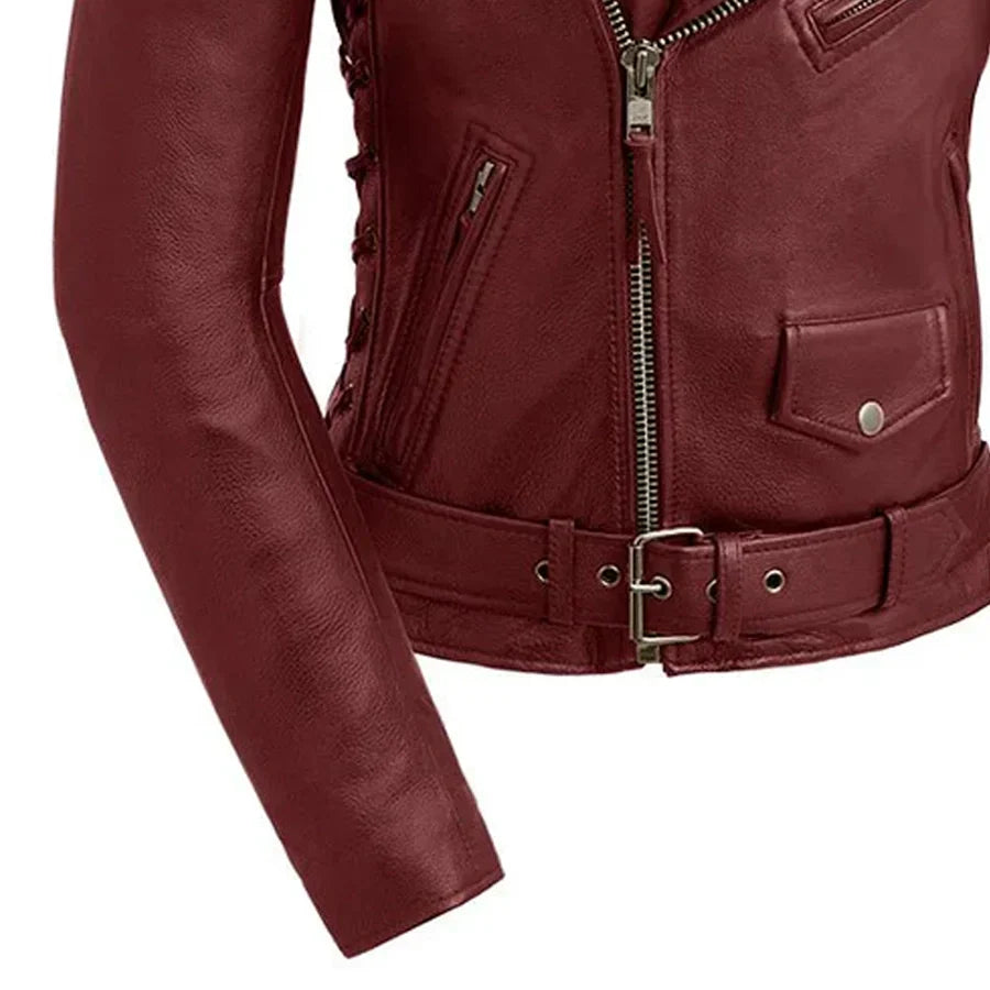 Women’s Leather Motorcycle Jacket with Side Lace and Asymmetrical Zip - Lux Ryder