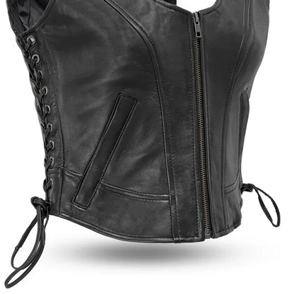 Women’s Leather Motorcycle Vest with V-Neck - Lux Ryder