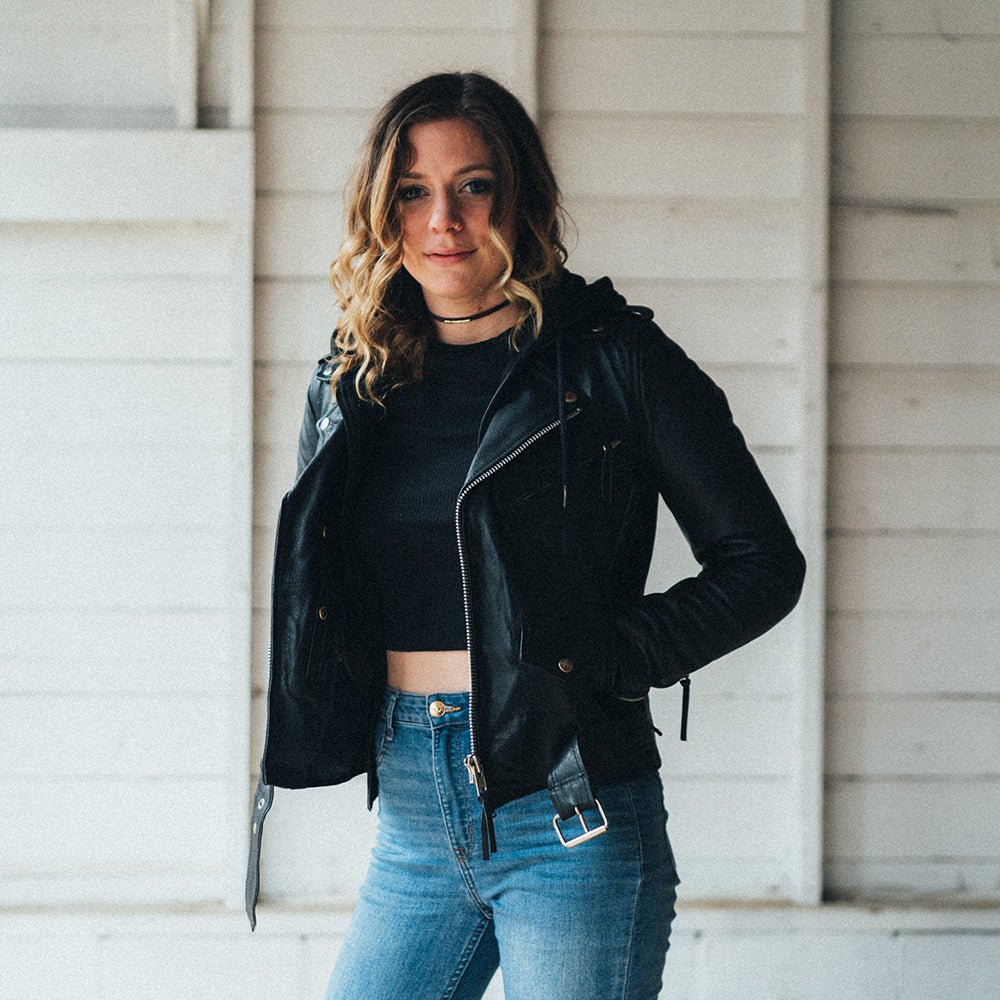 Women’s Leather Motorcycle Jacket with Removable Hooded Layer - Lux Ryder