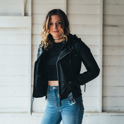 Women’s Leather Motorcycle Jacket with Removable Hooded Layer - Lux Ryder