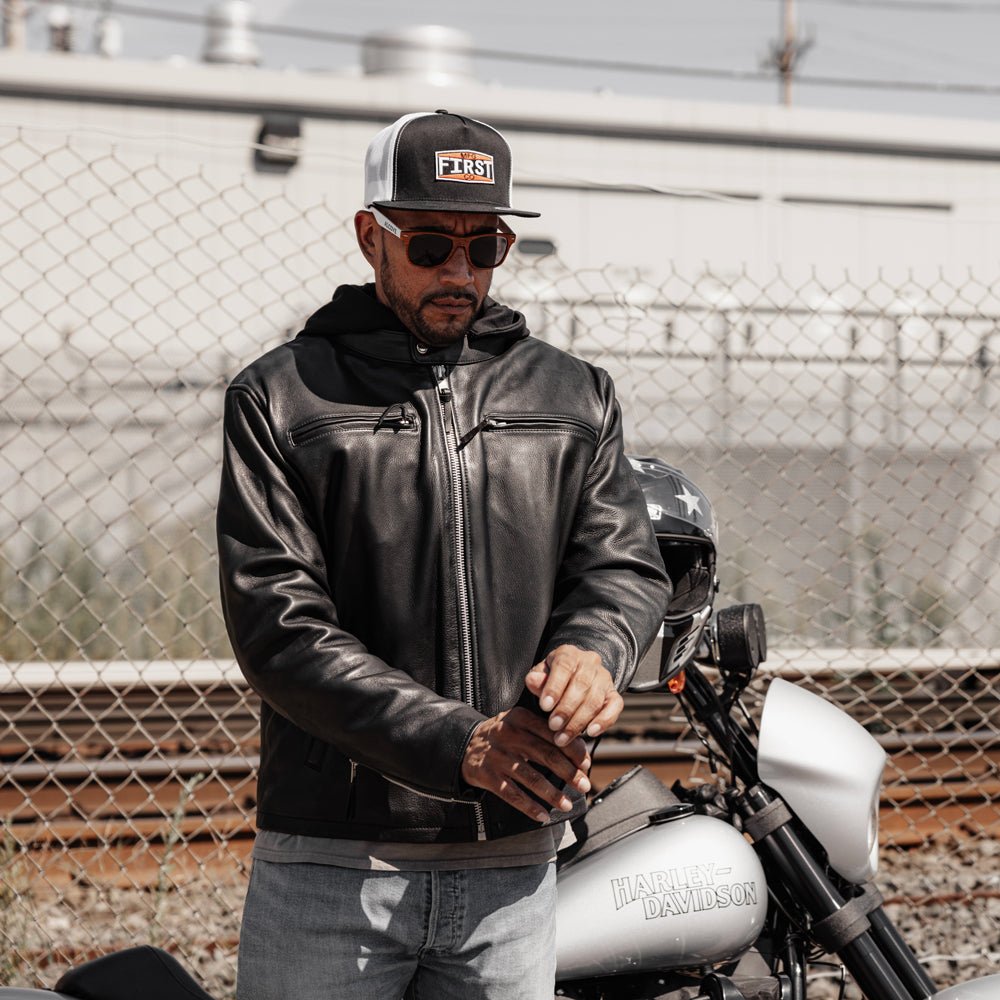 Men’s Leather Motorcycle Jacket with Removable Hood and Thermal Liner - Lux Ryder