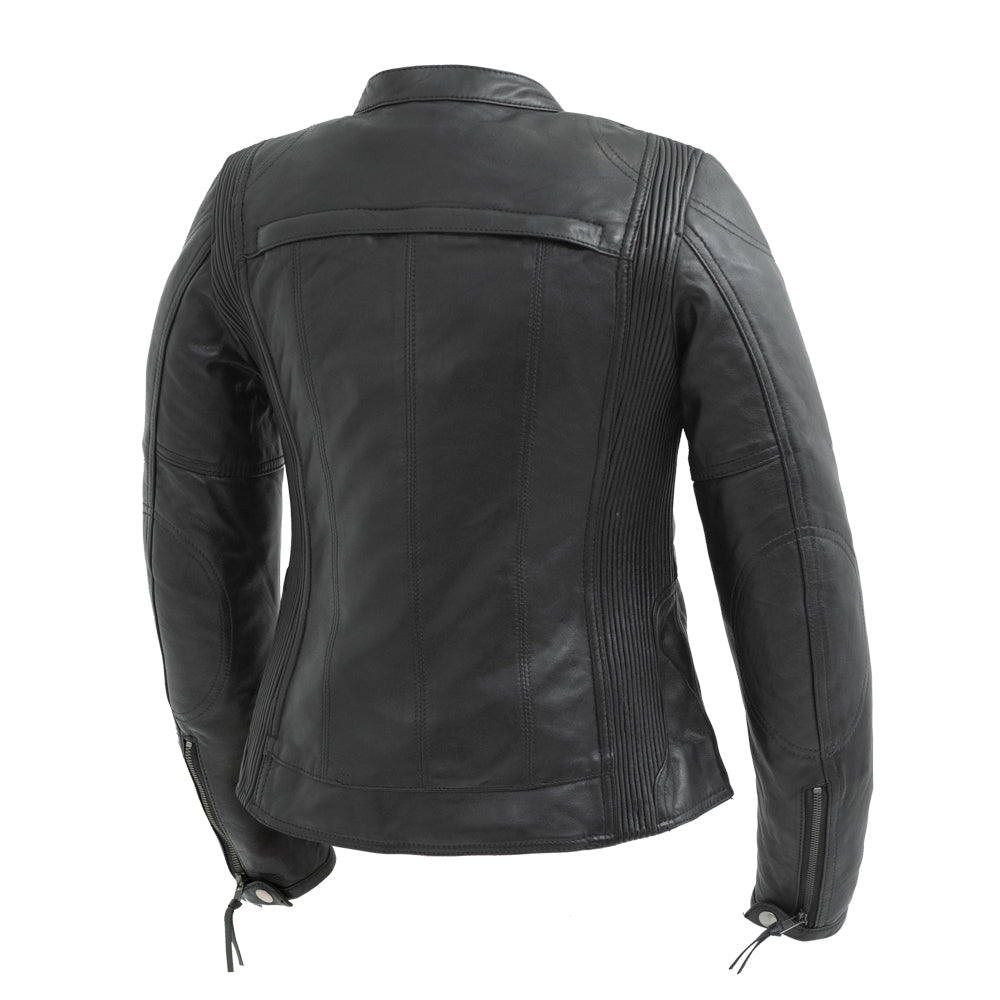 Women’s Leather Motorcycle Jacket with Center Zip and Stretch Panels - Lux Ryder