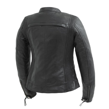 Women’s Leather Motorcycle Jacket with Center Zip and Stretch Panels - Lux Ryder