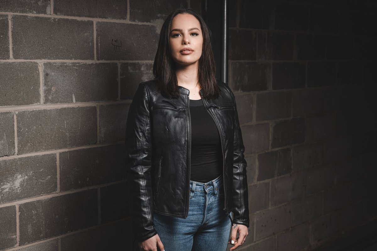 Women’s Leather Motorcycle Jacket with Center Zip and Stretch Panels - Lux Ryder