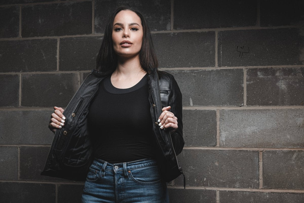 Women’s Leather Motorcycle Jacket with Center Zip and Stretch Panels - Lux Ryder