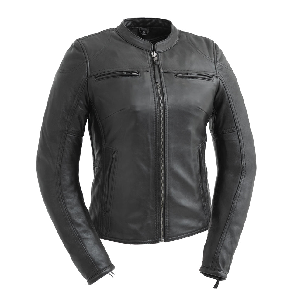 Women’s Leather Motorcycle Jacket with Center Zip and Stretch Panels - Lux Ryder