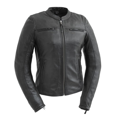 Women’s Leather Motorcycle Jacket with Center Zip and Stretch Panels - Lux Ryder