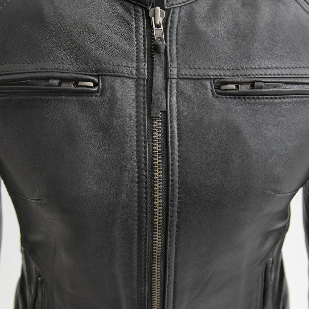 Women’s Leather Motorcycle Jacket with Center Zip and Stretch Panels - Lux Ryder