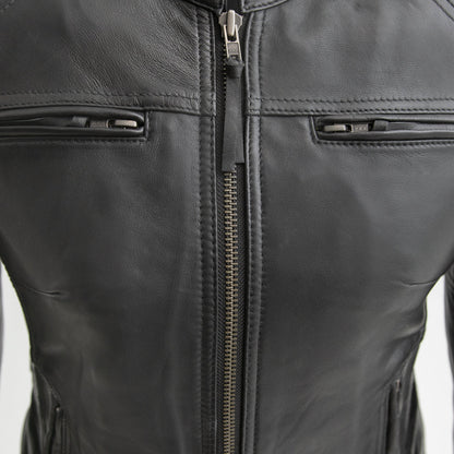 Women’s Leather Motorcycle Jacket with Center Zip and Stretch Panels - Lux Ryder