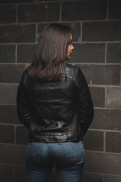 Women’s Leather Motorcycle Jacket with Center Zip and Stretch Panels - Lux Ryder