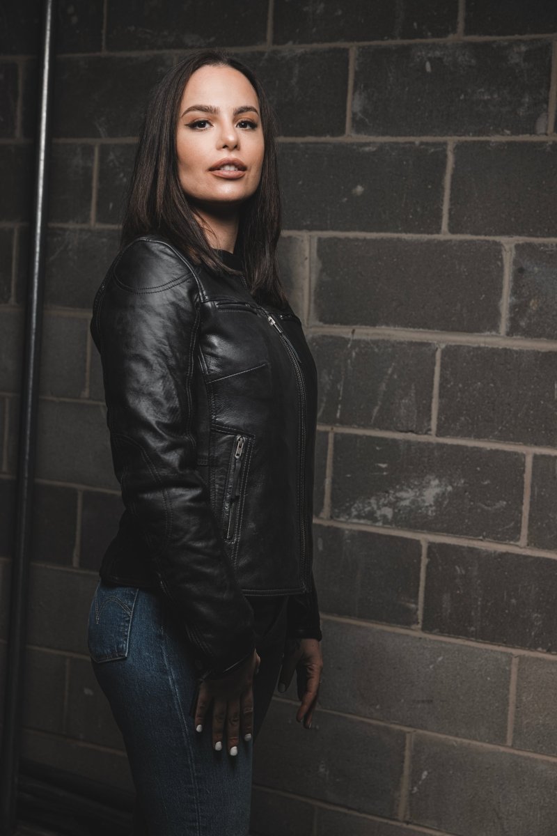 Women’s Leather Motorcycle Jacket with Center Zip and Stretch Panels - Lux Ryder