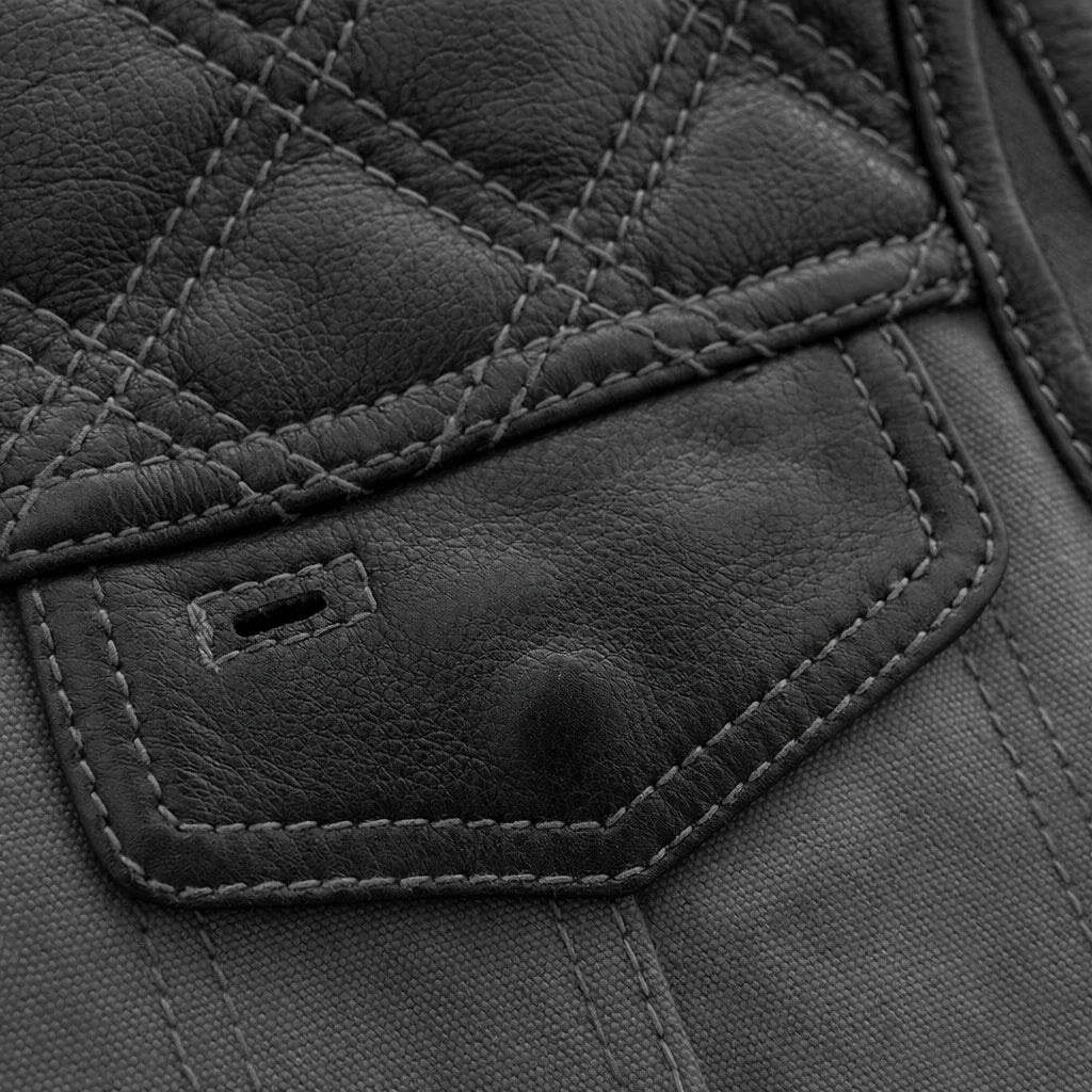 Close-up of a gray quilted jacket | LuxRyder
