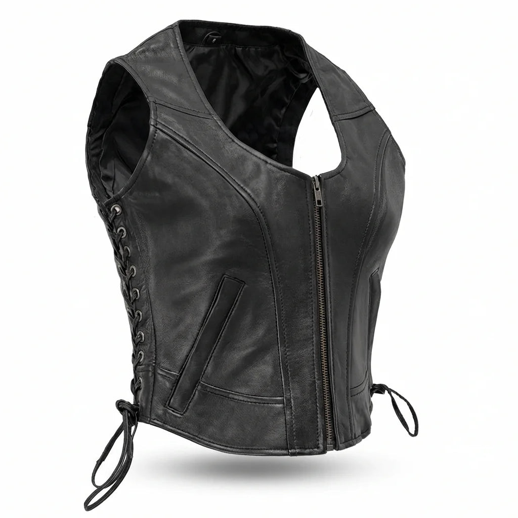 Black leather V neck vest  | LuxRyder