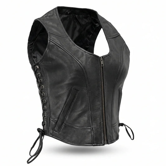 Black leather V neck vest  | LuxRyder