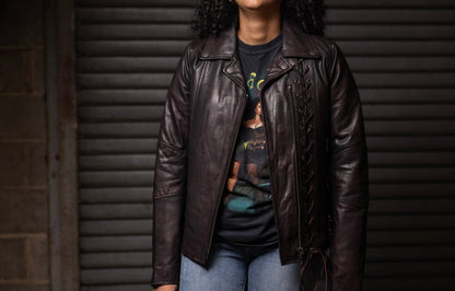 Women Leather Motorcycle Jacket with Lace Detail - Lux Ryder