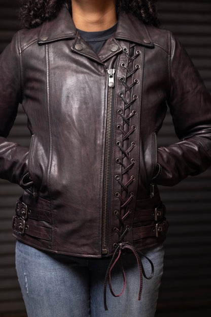 Women Leather Motorcycle Jacket with Lace Detail - Lux Ryder