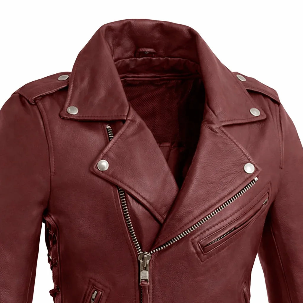 Maroon leather jacket with silver zippers |LuxRyder