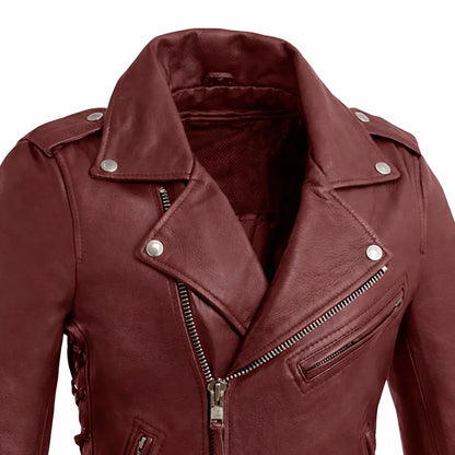 Maroon leather jacket with silver zippers |LuxRyder