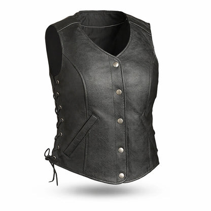 Women Leather Motorcycle Vest  Classic V-Neck Riding Vest - Lux Ryder