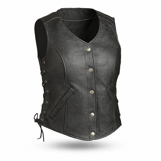 Women Leather Motorcycle Vest  Classic V-Neck Riding Vest - Lux Ryder